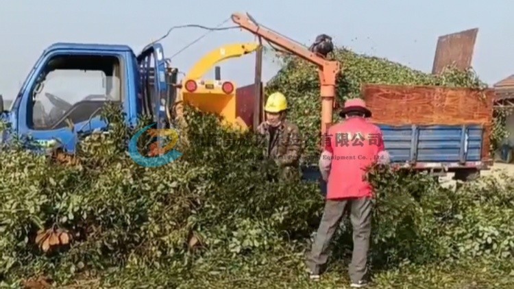 浙江客（kè）戶定製小型車載式樹枝粉碎機，樹枝粉碎機直接噴入車廂，方便（biàn）運（yùn）輸！